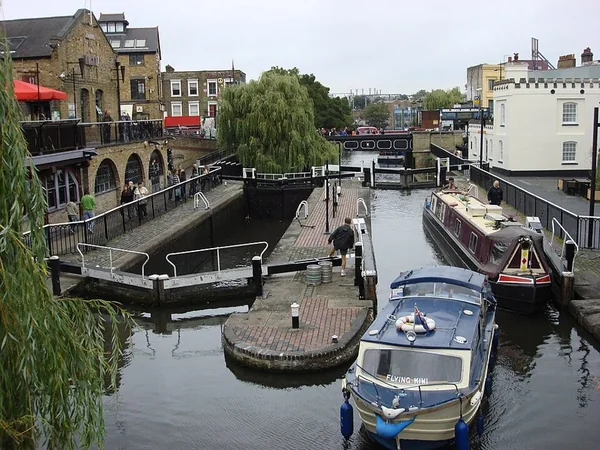 Canal boats and the market beside Camden Lock